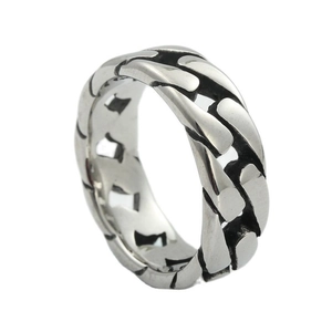 Vintage silver Cuban link chain ring for men and women in retro industrial steel finish
