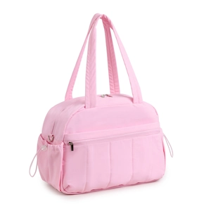 Pink quilted large capacity travel bag for gym and weekend trips with drawstring pockets