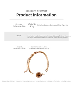 Detail of rose gold bracelet with tiger eye stone and dimensions showing 15.2cm length