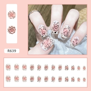 Nail tips R639 featuring pink blush doodle art with bear and sun hand-drawn patterns