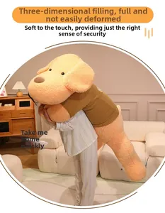 Detail of extra large puppy plush toy with brown sweater and soft textured orange fabric