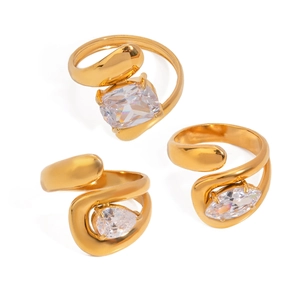 Polished 18k gold plated stainless steel open rings with geometric zircon stones