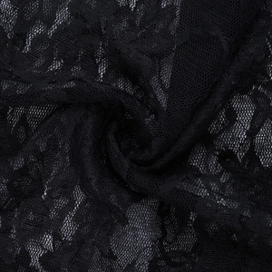 Close-up of black floral lace fabric with intricate mesh patterns and sheer texture