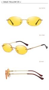 Detailed views of rimless oval punk sunglasses with gold metal frames and yellow lenses