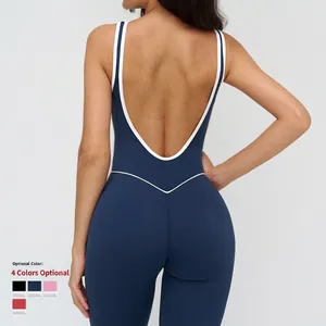 Deep blue backless yoga bodysuit with contrast white piping and wide square neckline