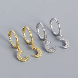 S925 silver crescent moon hoop earrings with pavé zircons in gold and silver finishes