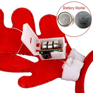 LED Christmas reindeer headband with red felt antlers and internal AG13 battery pack