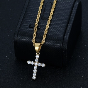 Hip hop gold plated stainless steel cross pendant necklace with sparkling 3A zircons