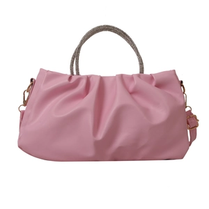 Pink pleated crossbody handbag with rhinestone handle and adjustable strap for women