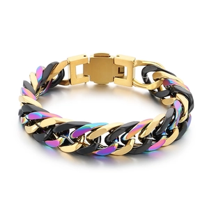 Bracelet cubain minimaliste en acier titane arc-en-ciel avec fermoir doré pour hommes et femmes