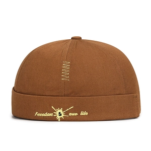 Brown canvas docker hat with yellow Freedom embroidery, hip hop minimalist skullcap