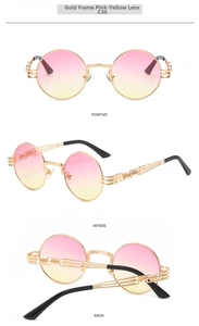 Detailed views of steampunk round sunglasses with gold metal frames and pink gradient lenses