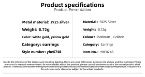 Detailed specifications table for S925 silver snake stud earring weighing 0.72g