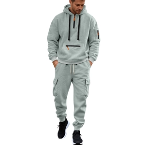 Men's light grey hooded sweatshirt and cargo jogger pants two-piece sports tracksuit