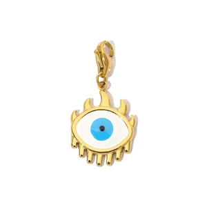 Detail of evil eye charm with blue crystal, gold-plated frame and lobster clasp