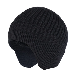 Detailed view of black knitted winter hat with ear flaps showing thermal knit texture