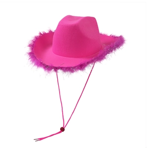 Hot pink western cowboy hat featuring plush feather trim and silver tinsel accents