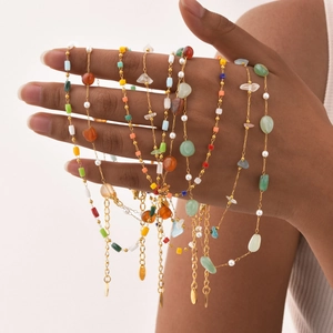 Bohemian colorful beaded necklaces and bracelets with amber stones and gold chain