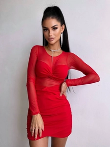 Sexy red mesh long sleeve dress with V-neck twist front and slim fit bodycon silhouette