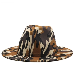 Close-up of camouflage wool fedora featuring a wide flat brim and sturdy felt texture