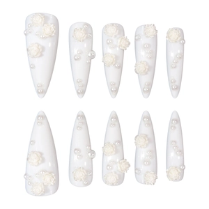 Handmade stiletto press-on nails in white with 3D roses and pearls decoration