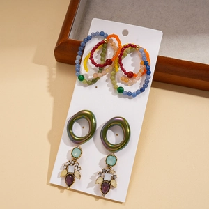 6-piece ethnic jewelry set with colorful beaded bracelets and rhinestone drop earrings