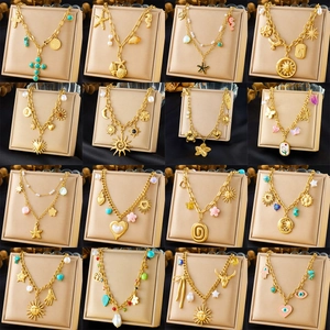Bohemian Multi Pendant Necklace 304 Stainless Steel Gold Plated Heart Sun Starfish Shell Artificial Pearl Vintage Style Jewelry