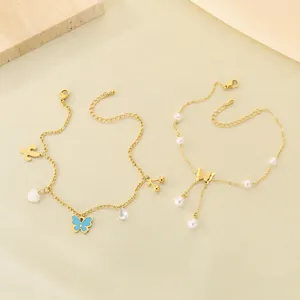 Butterfly Anklet Stainless Steel 18K Gold Plated Faux Artificial Pearl Zircon Enamel Pendants Summer Beach Fashion Jewelry For Women