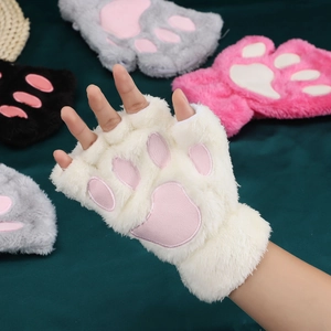 Close-up of cream white plush cat paw gloves with pink pads and fingerless design