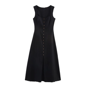 Close-up of a black sleeveless square-neck maxi dress with decorative buttons and slit