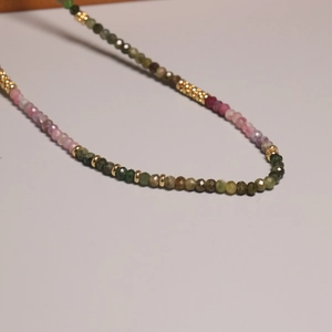 Minimalist 2mm colorful natural tourmaline beaded necklace with gold spacers and rainbow gradient