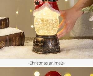 Close-up of Santa Claus snow globe with glowing LED light and swirling glitter details