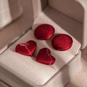 Red Fabric Wrapped Heart Round Stud Earrings With Silver Earring Post Vintage Elegant Accessory For Women