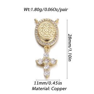 Detailed view of 18K gold plated copper Saint Benedict cross pendant with measurements