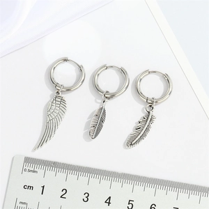Vintage stainless steel hoop earrings with punk feather pendants for men and women
