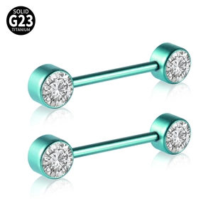 Detailed macro view of solid G23 titanium nipple barbell with teal CZ gemstones