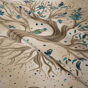 Macro texture of a tree of life tapestry with floral patterns and bird motifs