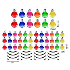 Detail showing colorful bulb magnets in two sizes with black strings for car decor