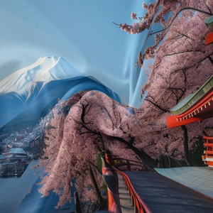 Close-up of tapestry fabric showing Fuji Mountain, cherry blossoms, and temple prints