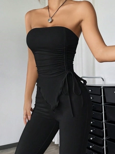 Sexy black tube top and long pants set with side drawstring details for street style
