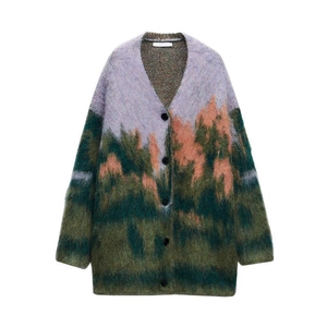 Loose V-neck knit cardigan with artistic landscape pattern in purple and orange