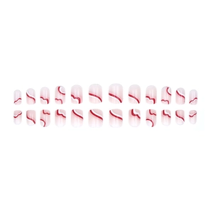 Set of 24 nude pink press-on nails with white and red wave patterns in square oval shape