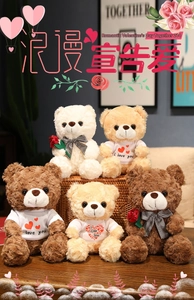 Group of five plush teddy bears in white and brown tones with roses and I Love You shirts