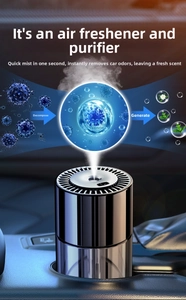 Modern metal car aromatherapy purifier in cup holder showing blue air purification mist