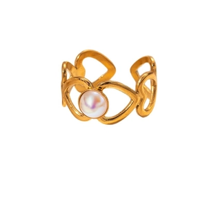 Bague ouverte en acier inoxydable doré 18k avec motifs de cœurs et perle centrale