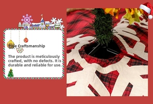 Macro view of stitching detail on red and black plaid Christmas tree skirt with snowflakes