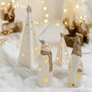 Luminous ceramic Christmas gnome, snowman, and hollow star trees with warm LED light effect