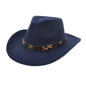 Navy blue wool western cowboy hat with brown leather band for autumn and winter outdoor style