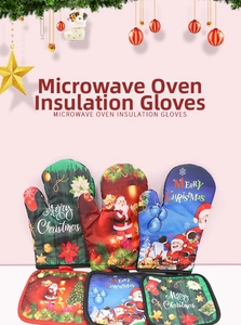 Detail of Christmas oven mitts and pot holders with Santa and Snowman prints
