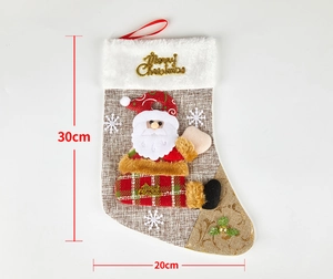 Linen Christmas stocking with 3D Santa Claus applique and 30x20cm dimensions detail
